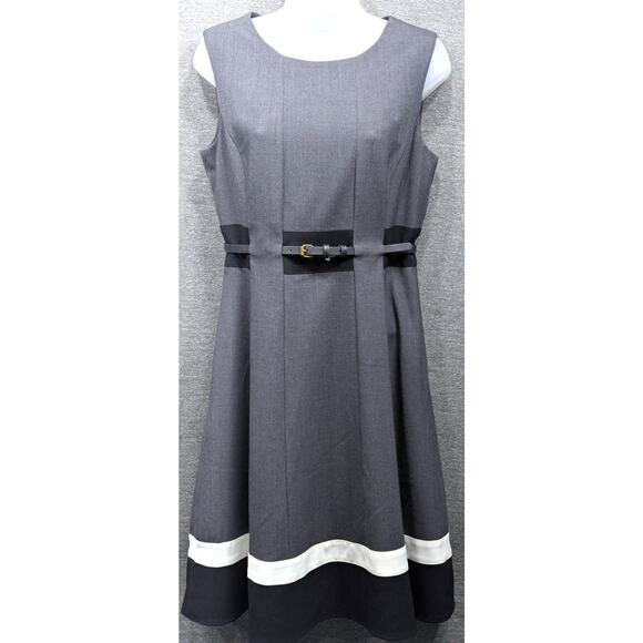 CALVIN KLEIN Dress - Gray, Belted, Midi, Sleeveless, Zip Back, A-Line, Size 6 - Picture 1 of 6